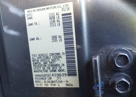 2014 Nissan Maxima 3.5 S/3.5 Sv from USA, damaged, VIN 1N4AA5AP1EC459639